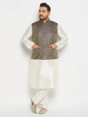 VASTRAMAY Men's Plus Size Blue Ethnic Jacket With Cream Silk Blend Kurta and Pant Style Pyjama Set