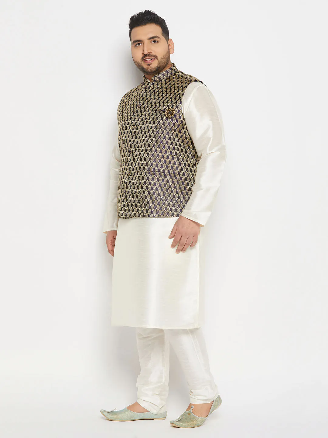 VASTRAMAY Men's Plus Size Blue Ethnic Jacket With Cream Silk Blend Kurta and Pant Style Pyjama Set