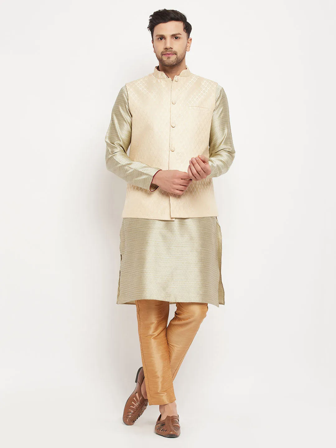 VM BY VASTRAMAY Men's Cream Silk Blend Jacket with Kurta Pant Set