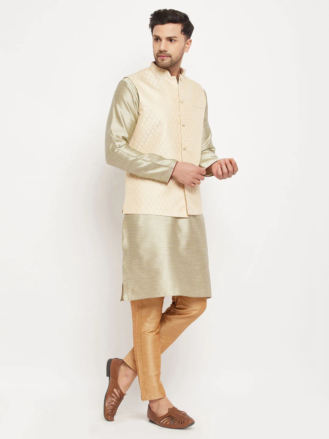 VM BY VASTRAMAY Men's Cream Silk Blend Jacket with Kurta Pant Set