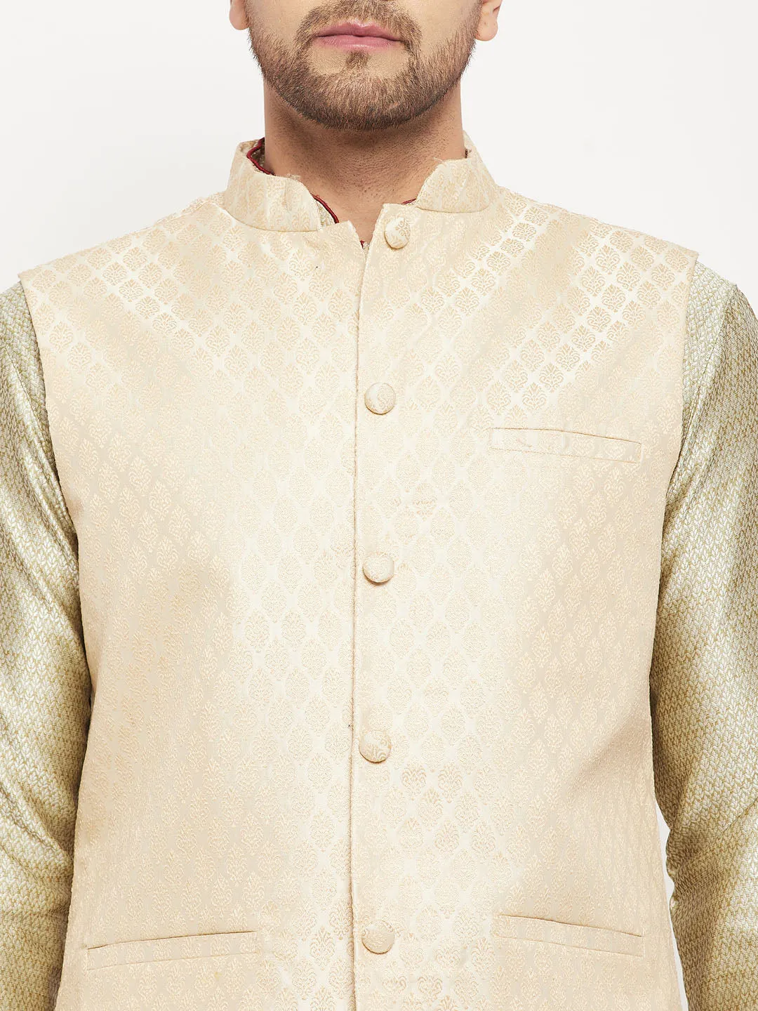 VM BY VASTRAMAY Men's Cream Silk Blend Jacket with Kurta Pant Set