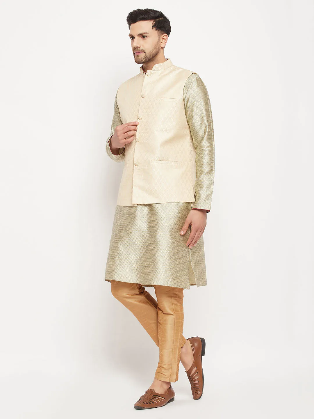 VM BY VASTRAMAY Men's Cream Silk Blend Jacket with Kurta Pant Set