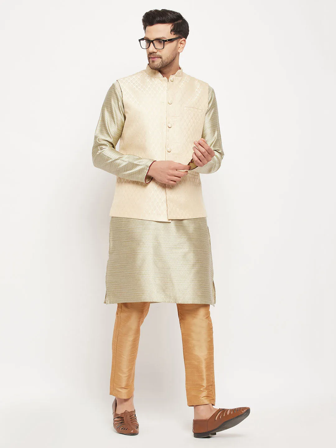 VM BY VASTRAMAY Men's Cream Silk Blend Jacket with Kurta Pant Set