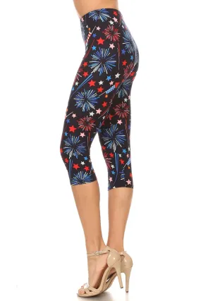 Womens Plus 4th of July Fireworks American Flag Printed Cropped Capri Legging