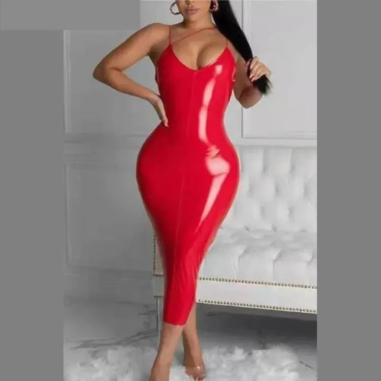 Women's Sexy Leather Spaghetti Strap V Neck Backless Bodycon Dresses