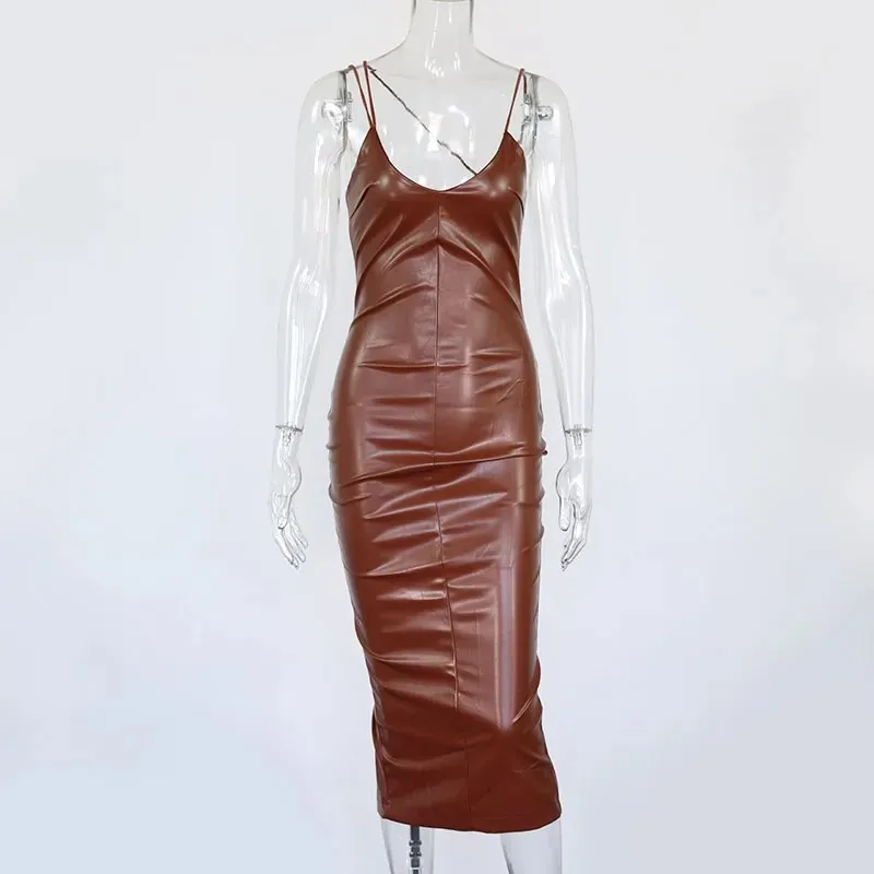 Women's Sexy Leather Spaghetti Strap V Neck Backless Bodycon Dresses