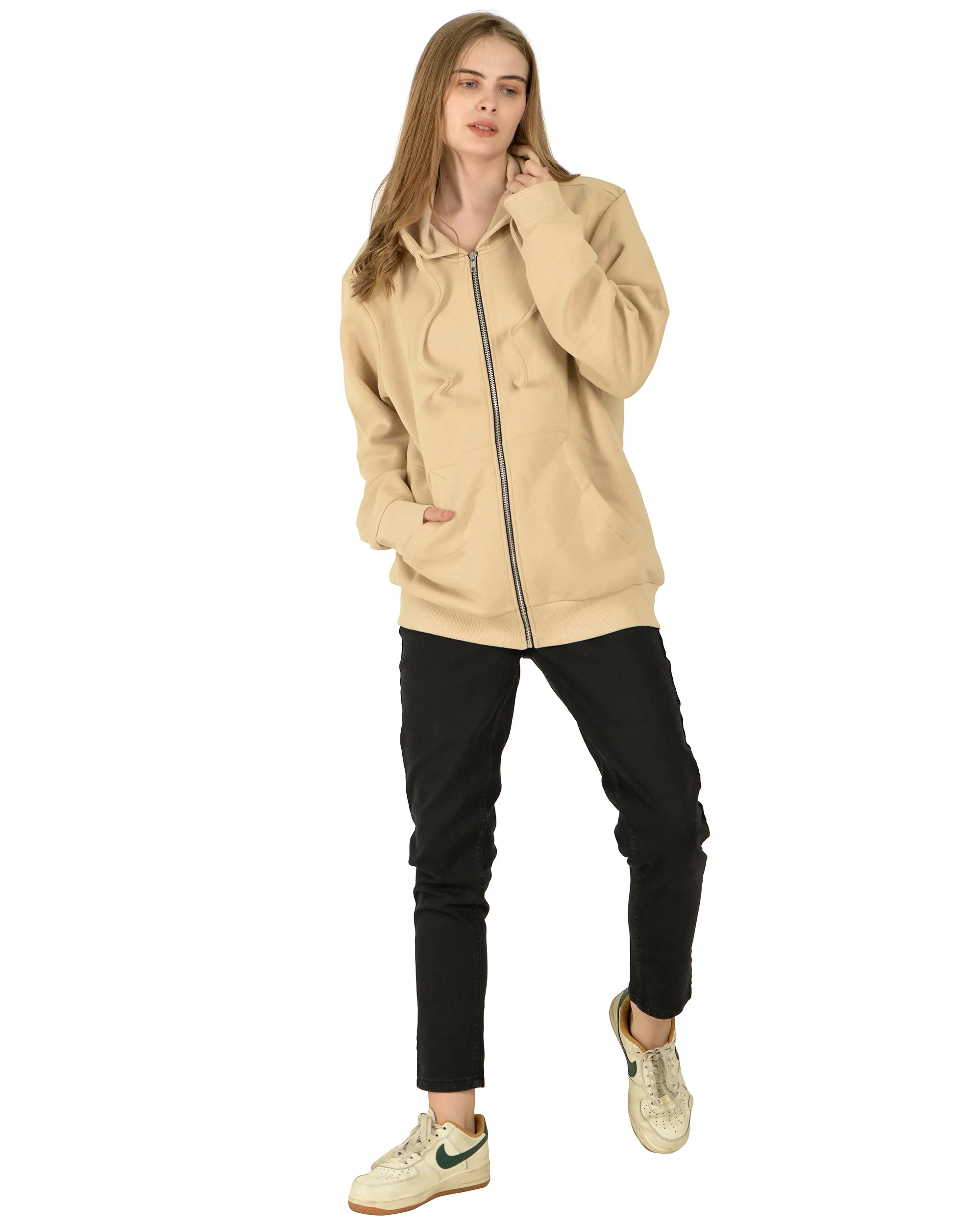 Zipper Hooded Jacket (unisex) beige-50/50 Fleece