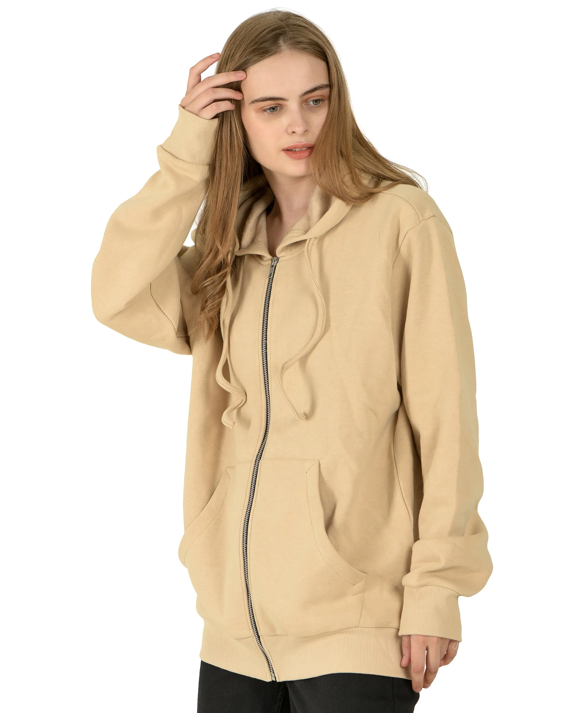 Zipper Hooded Jacket (unisex) beige-50/50 Fleece