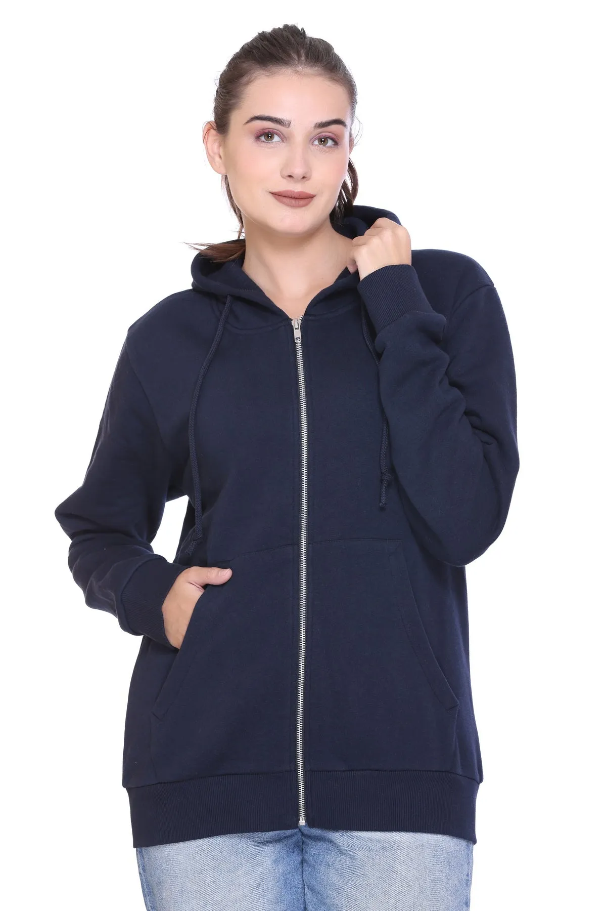 Zipper Hooded Jacket (Unisex) Navy -50/50 Fleece